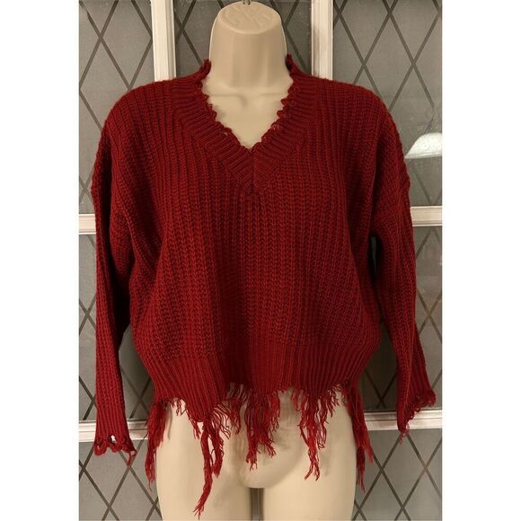 Womens Distressed v-neck Crop Sweater Red Size Small - Picture 3 of 7